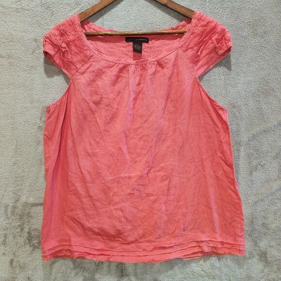 Grace Elements Coral Pink 100% Linen Ruffle Cap Sleeve Blouse Size 14 Beach Boho - Picture 1 of 12
